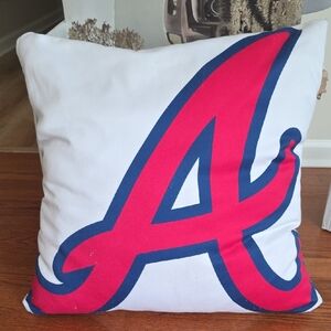 White Accent Pillow with Red Script 'A' and Navy Trim